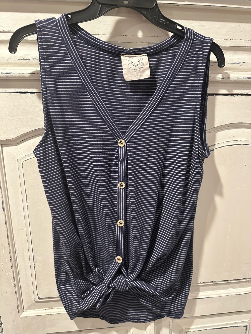 Fantastic Fawn Striped Navy Sleeveless Button-front ties at the waist